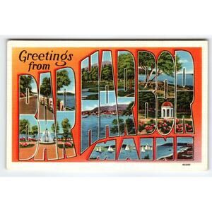 Greetings From Bar Harbor Maine 1950's Vintage Large Letter Postcard Linen 1953